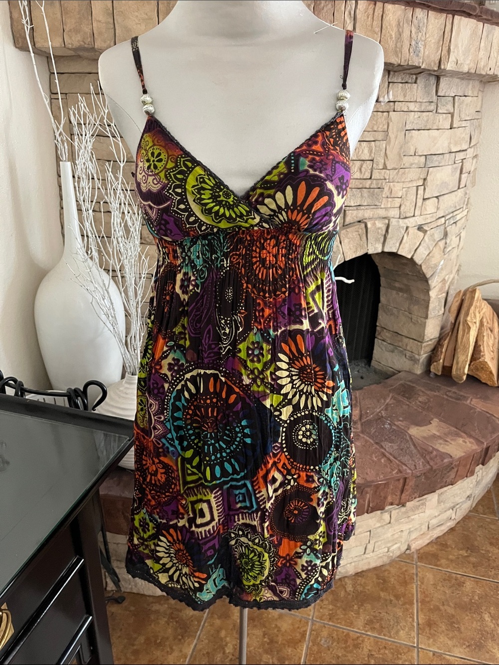 Vibrant Boho Print Spaghetti Strap Dress Derek Heart Size S